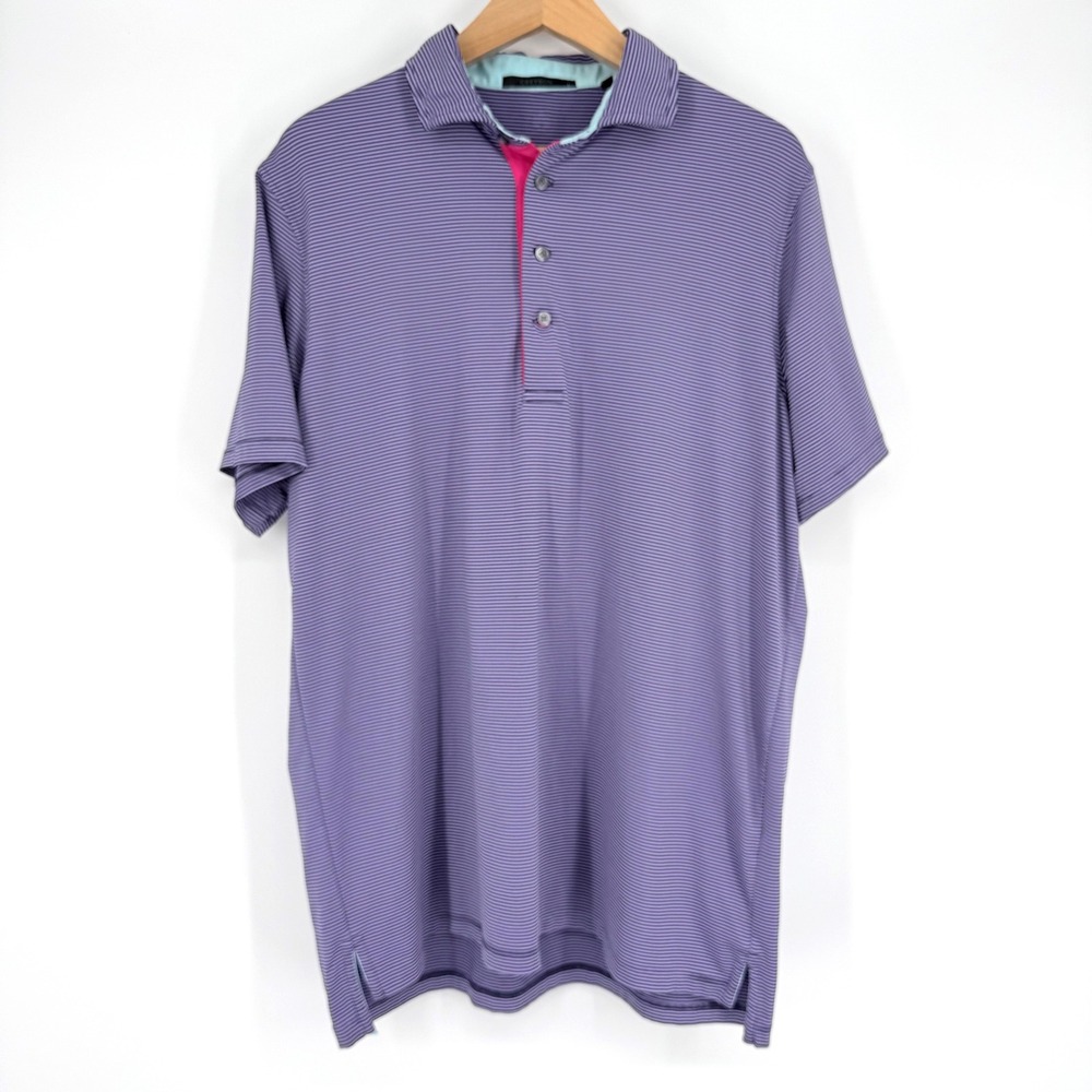 Greyson Mens Large Golf Polo Shirt Purple Pink Striped Preppy Performance Travel - Picture 2 of 8